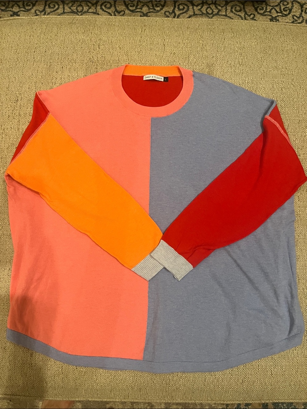 Colorblock Crewneck Oversized Sweater in Coral, Lavender, Orange & Red L